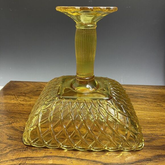 LE Smith Footed Trellis Square Compote Bowl Vase Weave Yellow Glass LARGE‎ 8.5"H - Picture 13 of 14